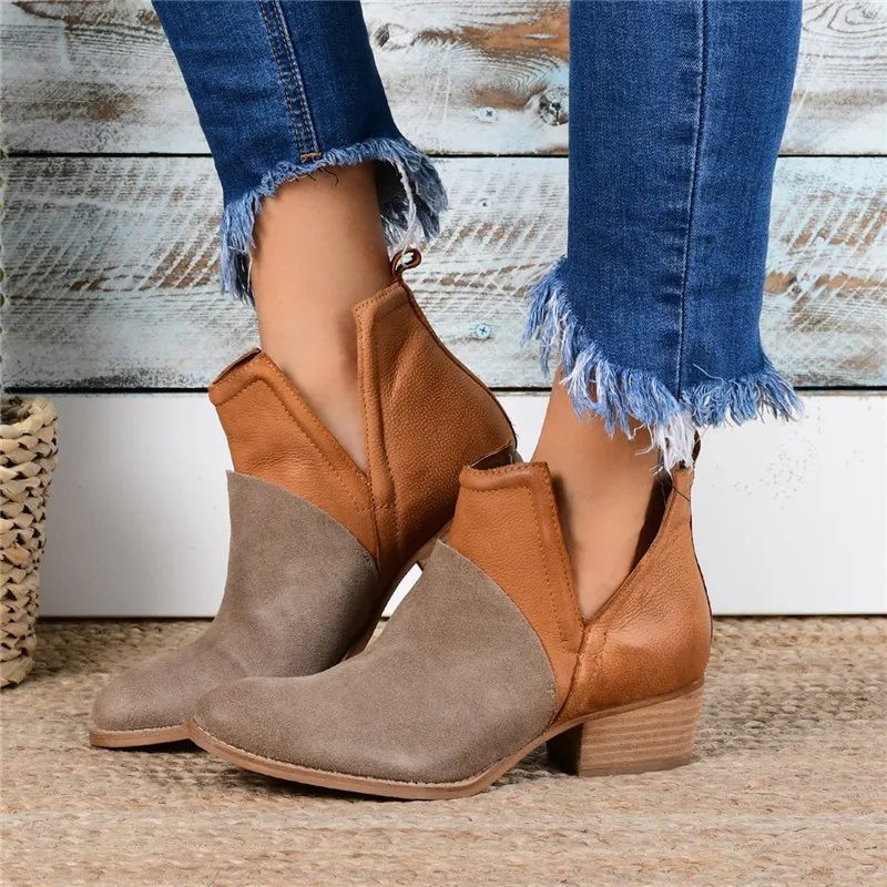 

HEFLASHOR New Women Spring Patchwork PU Ankle Boots 2019 Ladies Casual Round Toe Med Chunky Square Heels Booties Size 35-43