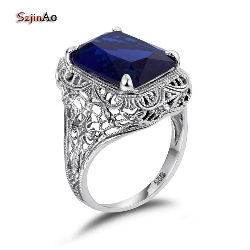 

Szjinao Sept Birthstone Solid 925 Sterling Silver Flower Ring Vintage Handmade Sapphire Rings for Women Promise Rings