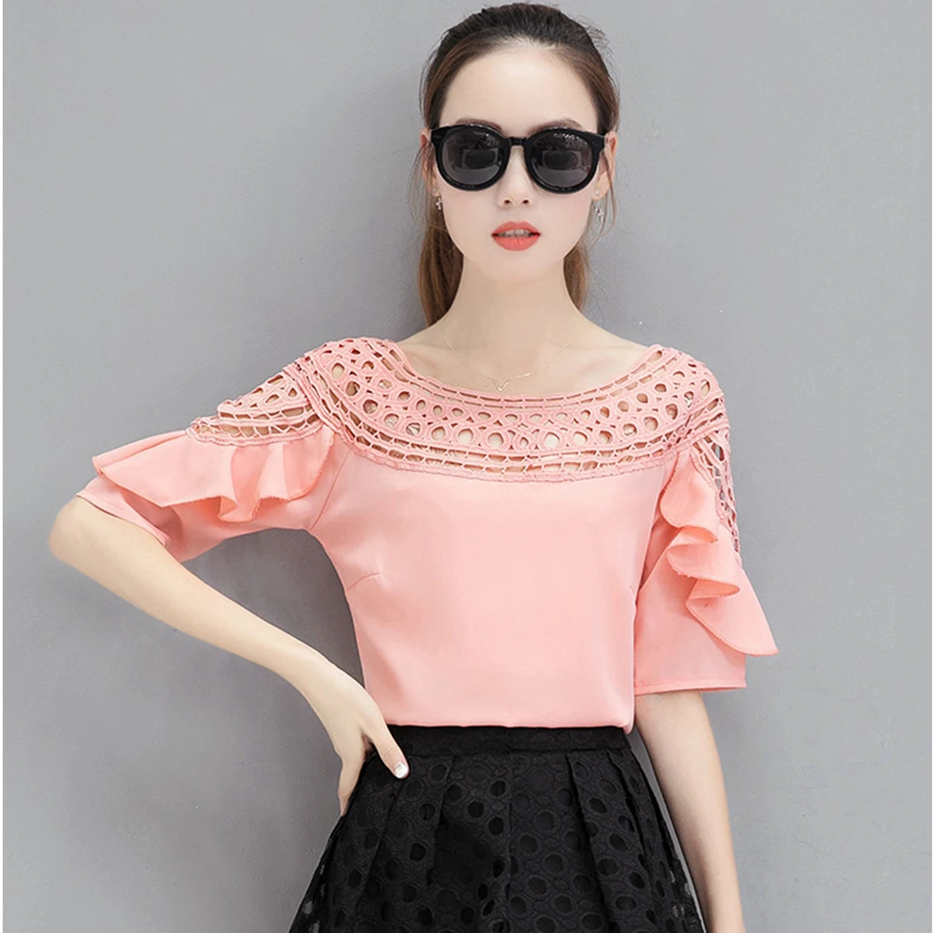 

Elegant Ladies Chiffon Blouses Tops Plus Size Women Fashion Hollow Out Solid Blouse 2019 Summer Ruffles Short Sleeve Shirt Blusa