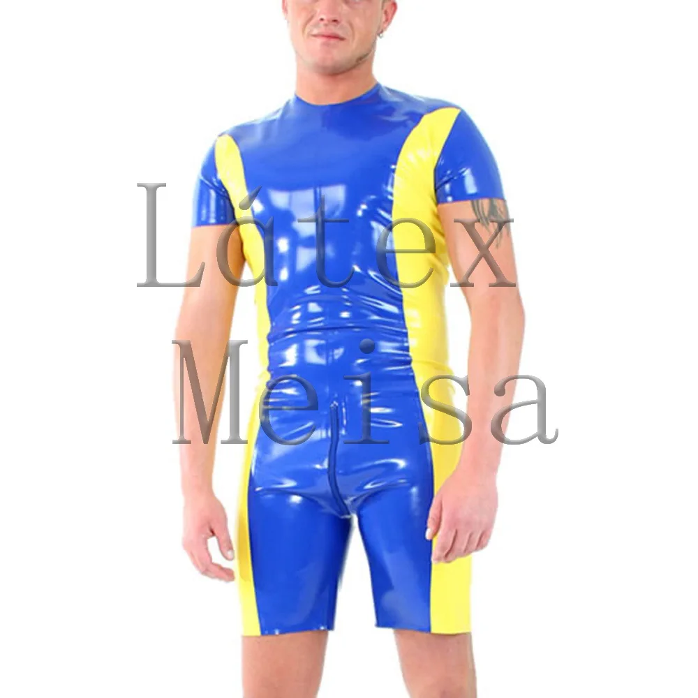 

Men's latex zentai round neck bodysuit short sleeveless catsuit with back zip to abdomen in blue with yellow trims decorations