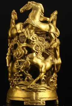 

Exquisite Old Handwork Decoratin Brass Horses Statue Brush Pot