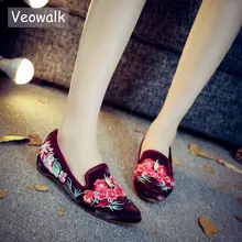 Veowalk/Женская обувь на плоской подошве в китайском стиле; винтажные удобные летние женские Балетки без шнуровки с цветочной вышивкой и острым носком