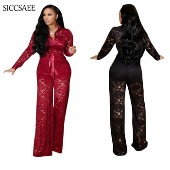

2019 Spring Lace Crochet Two Piece Set Sheer See Through Wide Leg Palazzo Pants Suits Sexy Casual Outfits For Women Matching Set