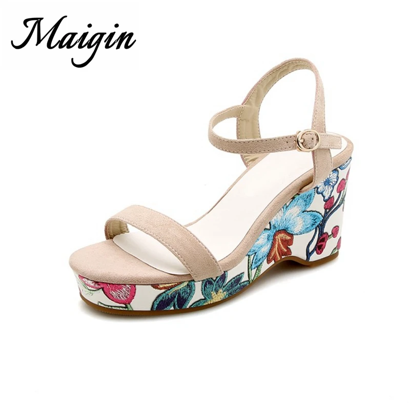 Maigin Wedge Sandals Women 2018 High Heels Platform Sandals Handmade Embroidery Summer Casual Shoes for Women Footwear