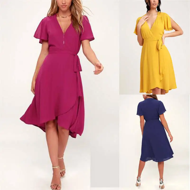 

Fashion Women Sexy V-Neck Dress Solid Lace Up Short Sleeve Dress Party Dating Women's Sexy Dresses Feminino Vestidos 661D4