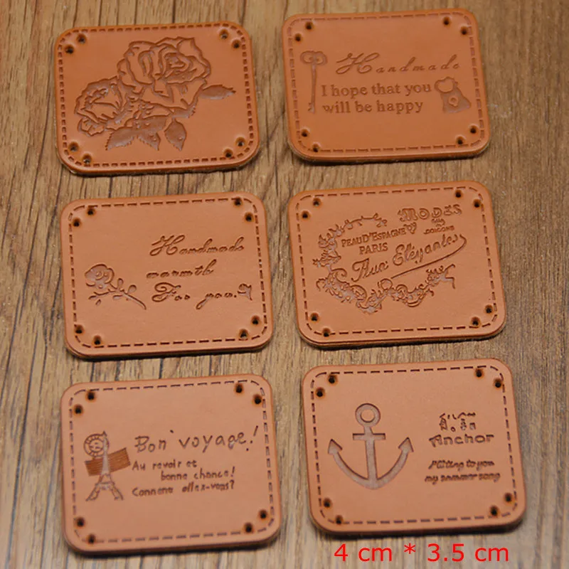 Custom private name Artwork pu leather tags embossed label brown clothing tag DIY 4 cm * 3.5 cm ...