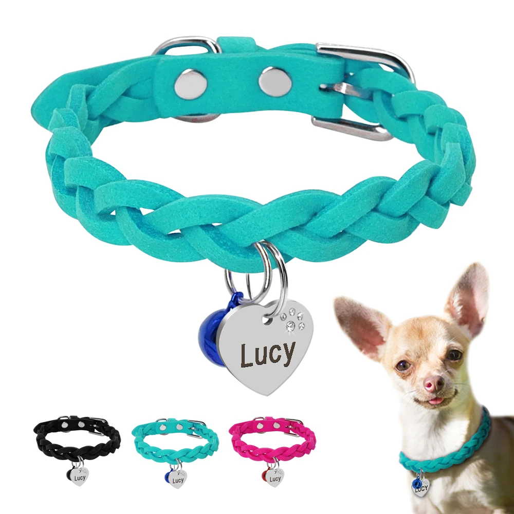 

Suede Cat Puppy Collar Tag Set Personalized and Customised Dog Collars Tags Set For Small Pets Pink Blue Black