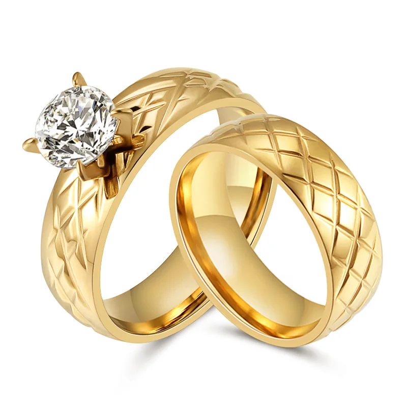 

Trendy Gold Color Engagement Wedding Rings Set For Women Titanium Steel Band Ring Cut Cubic Zirconia Round Fashion Jewelry 2019