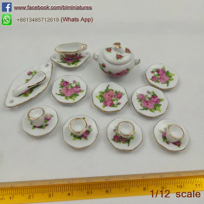 16 Mini Dollhouse Ceramic Tableware Set Miniature Porcelain Flora