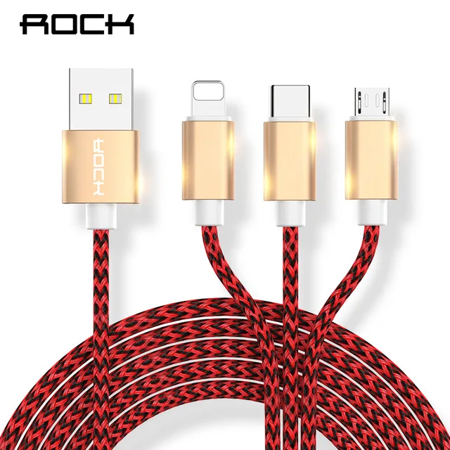 

ROCK 3 in 1 USB Cable For iPhone 7 8 6 5 For Xiaomi Redmi Note Samsung S9 S8 phone Charger Micro USB Type C Lighting Charge Cord