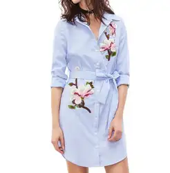 Осень 2019 г. Длинная полосатая блузка мода с длинным рукавом Аппликации пояса плюс размеры Тонкий для женщин рубашка, топы женские