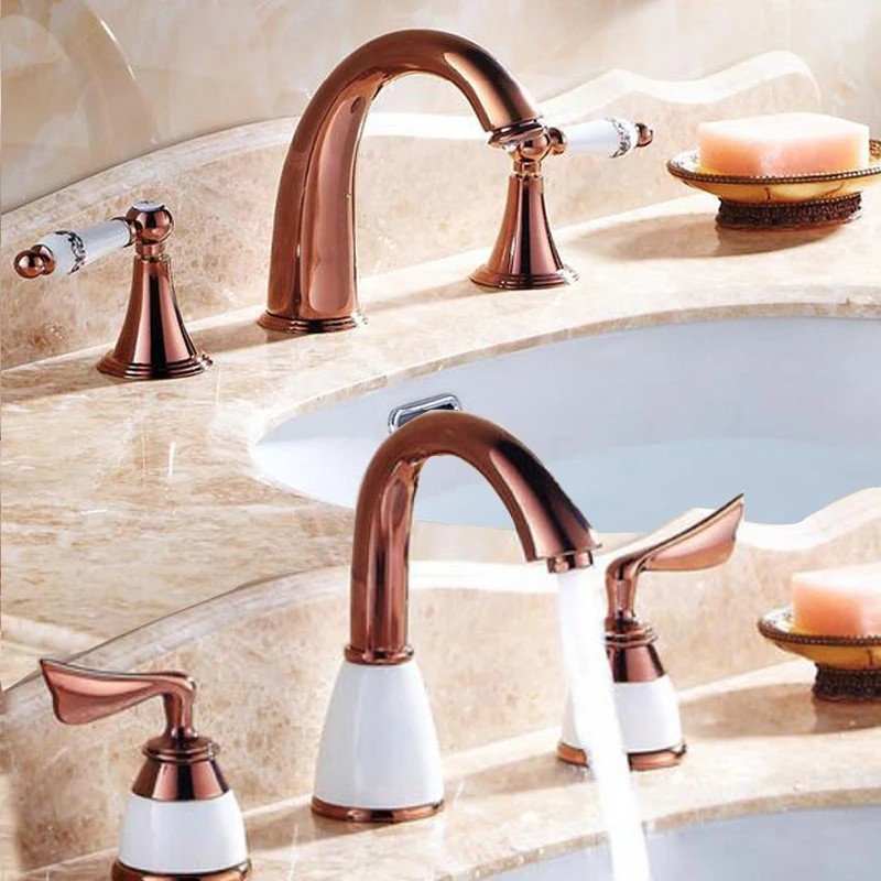

Luxury Rose Golden Bath Basin Sink Faucet Dual Handle Mixer Taps Deck Mounted Widespread Washing Water Faucet