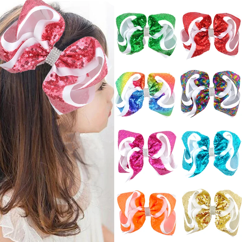 

New 8 Inch Sequin Colorful Hair Bows Two-layer Ribbon Large Hairpins Boutique Handmade Hair Clips Girls Kids Hair Accessories