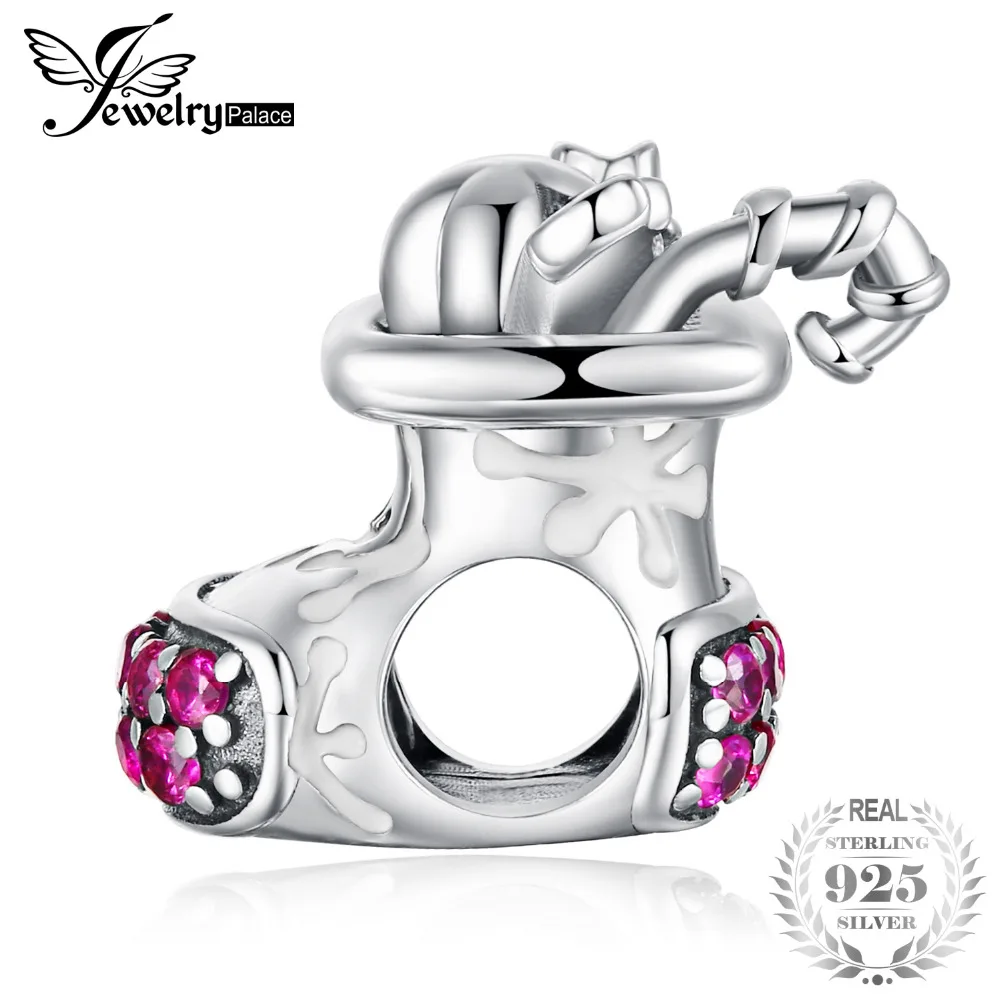 

JewelryPalace Vintage Created Ruby Red Enamel Christmas Sock Beads Charm 925 Sterling Silver Fashion Beads Gift For Women New