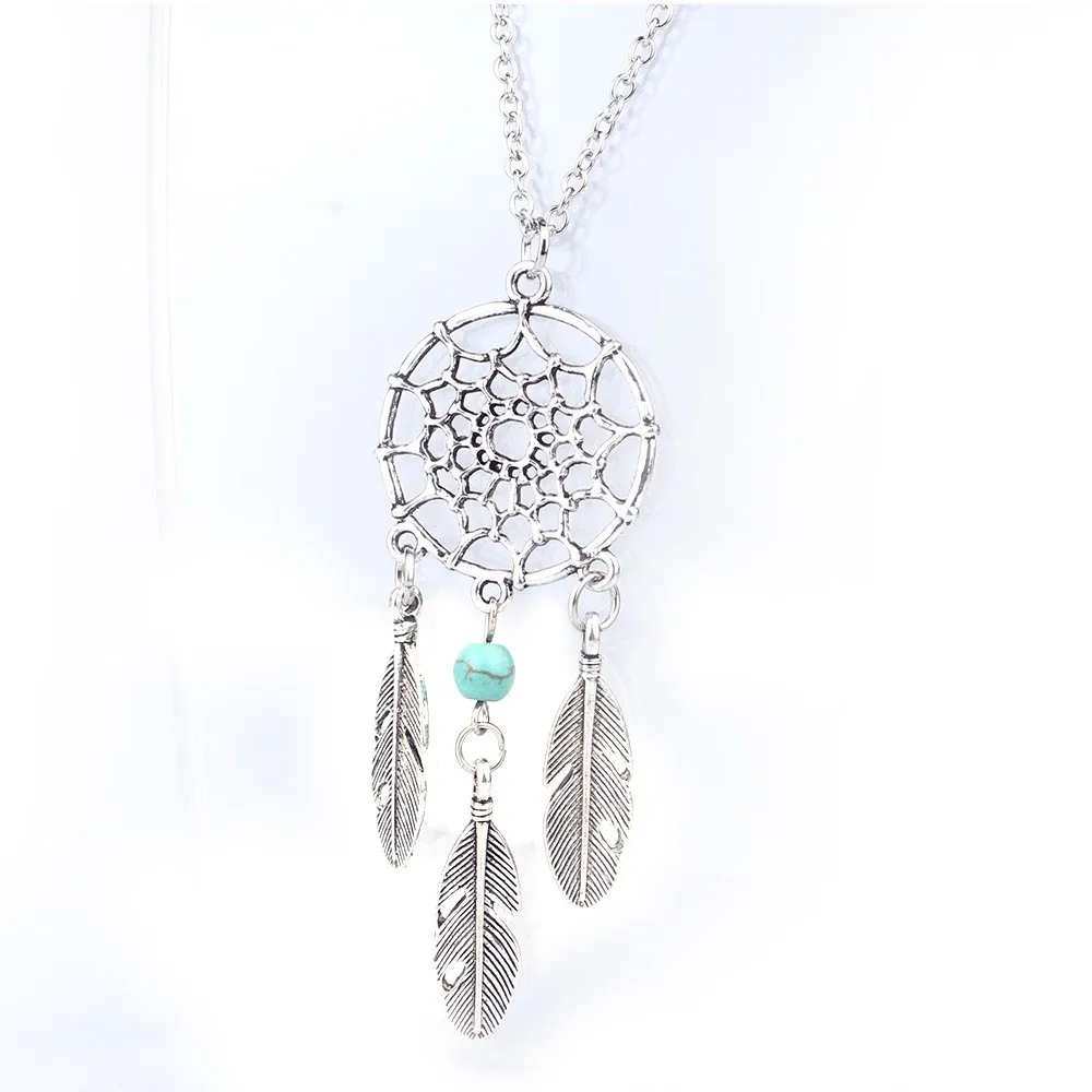 

Ancient Silver Plated Alloy Girl Chian Necklace Women Vintage Korea Dream Catcher Leaves Pendant Necklace Jewelry