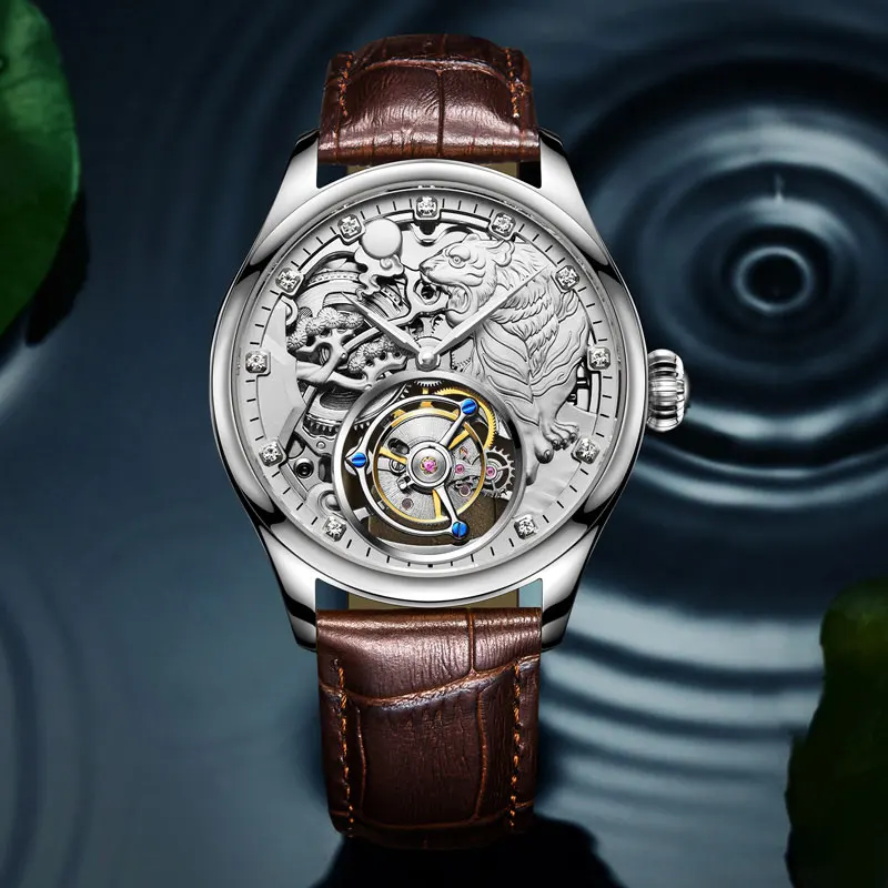 Роскошные золотые часы с тигром и скелетом, мужские механические часы с турбийоном, часы со зодиаком, мужские наручные часы из крокодиловой кожи, печать логотипа - Цвет: Silver