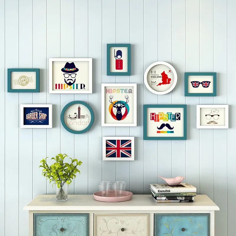 

Cheap Photo Frame Set 11 Pcs Home Decor Blue Green Wall Picture Frame Combination Photo Frames For Wedding cadre photo moderne