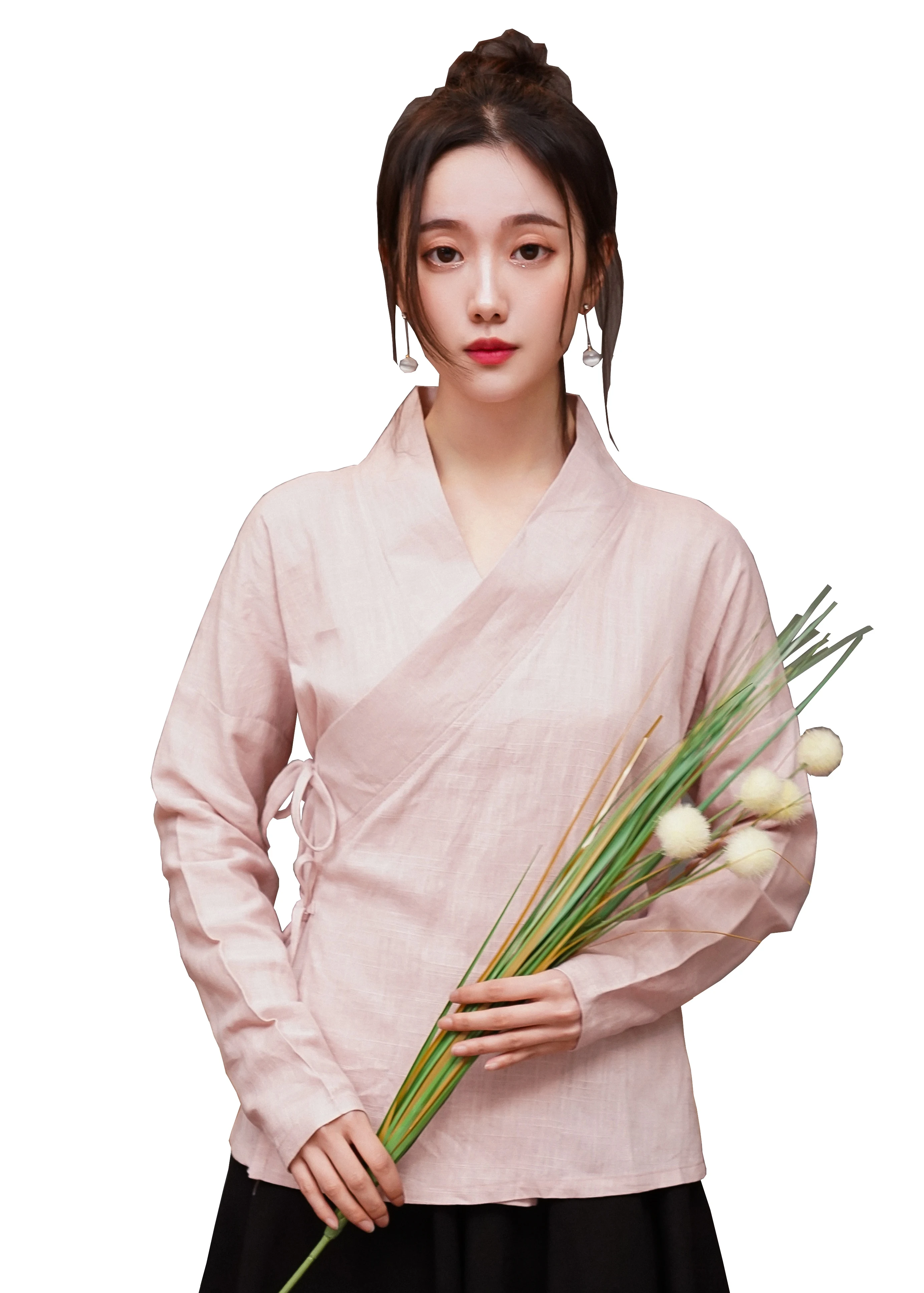 

Shanghai Story Blend Linen Hanfu Tops Chinese V Neck Chinese Style Blouases For Women 4 Color