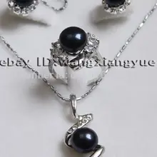 Мелкие черные Akoya культивированный жемчуг серьги / кольца / ожерелья комплект ааа ювелирных изделий слово