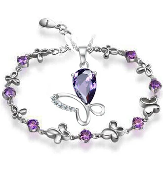 Purple 100% Silver 925 AAA Jewelry Sets for Women Butterfly Sets Solid Silver Free Shipping
