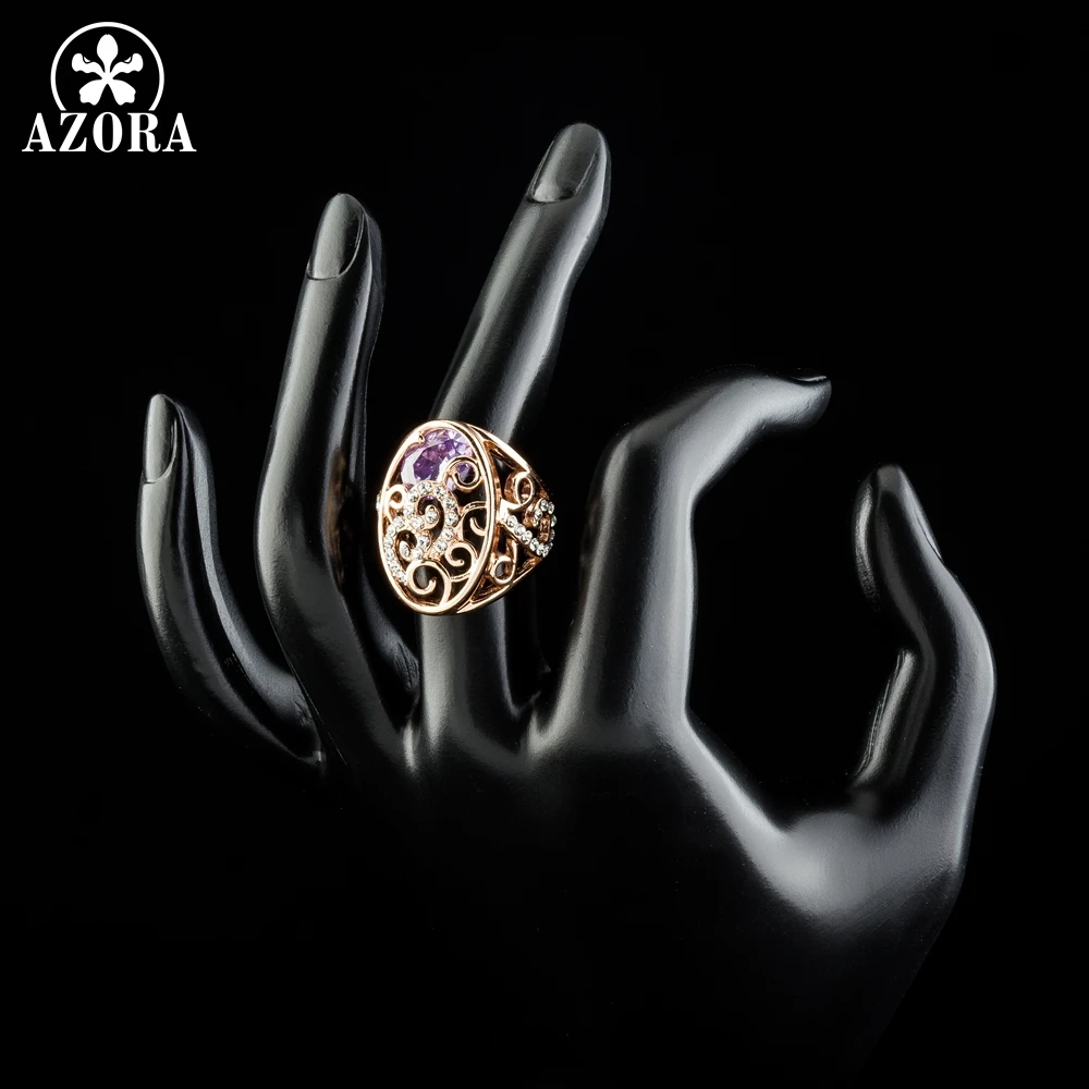 AZORA Rose Gold Color Geometric Ancient Pattern Purple Zirconia Finger Rings for Women Wedding Engagement Jewelry Gift TR0221