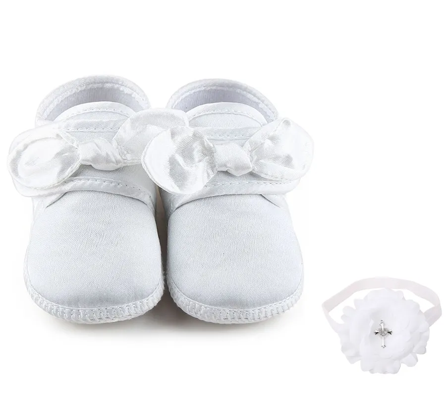 Newborn Baby Shoes Soft Sole Toddlers Flower Cross Pattern White