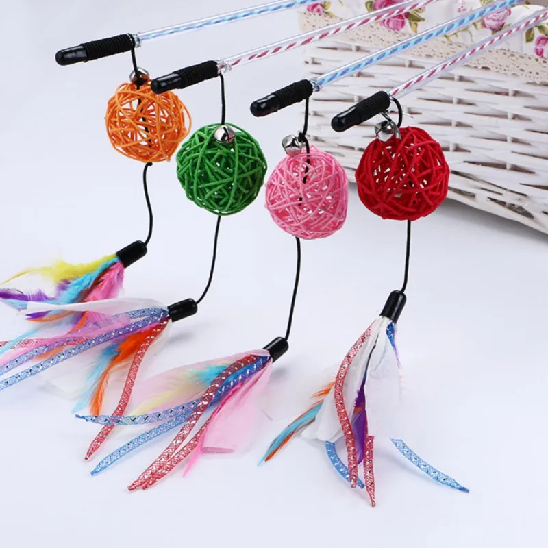 

Pet Cat Interesting Interactive Tease Wand Toys with Rattan Ball Bells and Feather