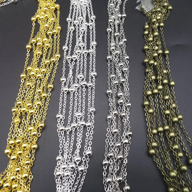 

1.5mm Necklace Chains 2m/pack Rhodium/Silver/Gold/Antique Bronze Color Flat Chain with Beads for DIY Jewelry Making Findings