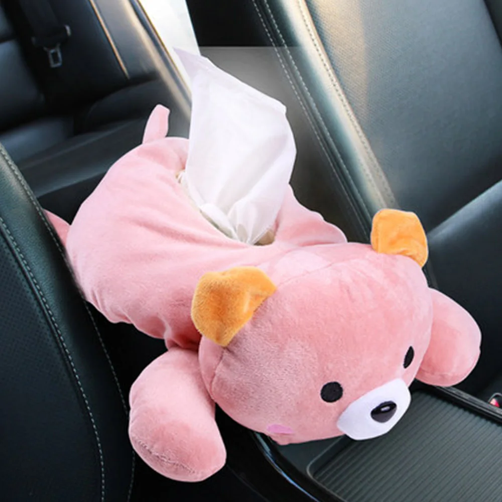 Мультяшная Автомобильная тканевая коробка, плюшевый подлокотник, автомобильный солнцезащитный козырек, тканевый бумажный держатель, подвешиваемый на спинку сиденья контейнер для салфеток для дома - Название цвета: Pink bear