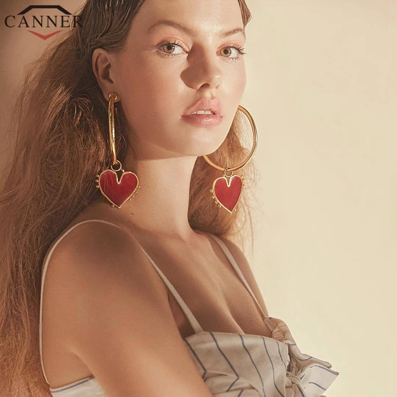 

CANNER Fashion Round Earrings Circle Red Heart Hoop Earrings for Women Gold Hoop Earrings aros mujer oreja FI