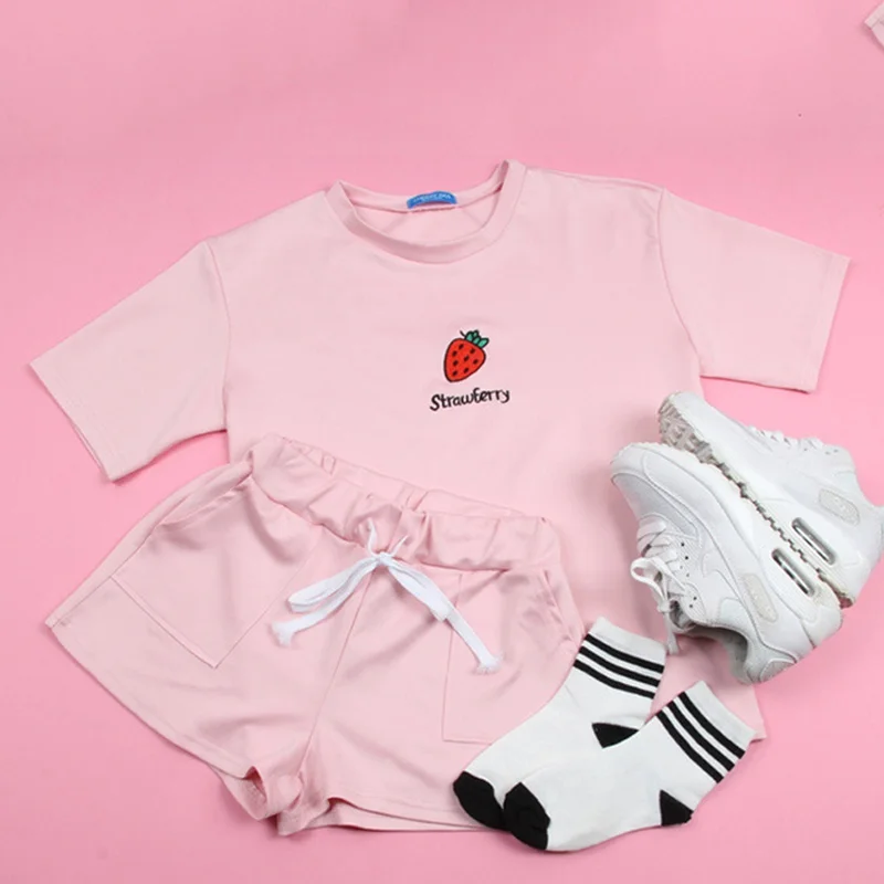 Женский летний комплект с футболкой, модный костюм из 2 предметов, футболка с мультяшным принтом и шорты со шнуровкой и карманом - Цвет: Розовый