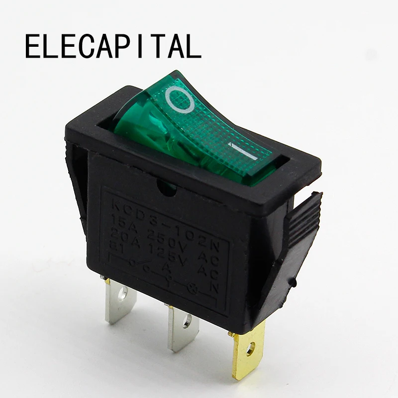 5 шт./лот Зеленый светодиод SPST 3PIN вкл./выкл. G124 рокер переключатель 15A/250 В 20A/125