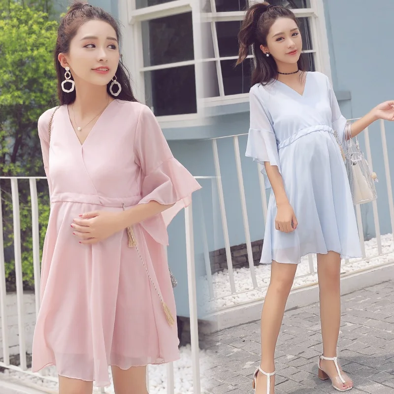 

2019 pregnant women short-sleeved chiffon dress summer dress pregnant women skirt Korean fashion loose pregnancy skirt