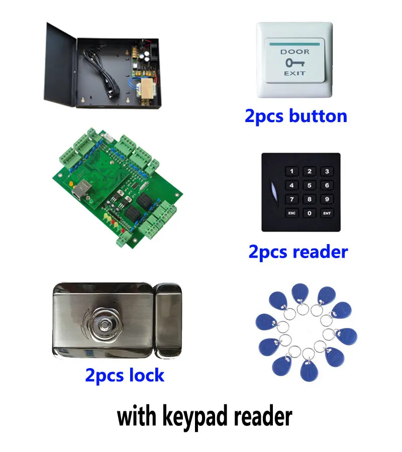 Rfid карты 32-Бит Комплект контроля доступа, TCP две двери контроля доступа+ питание+ Интеллектуальный отключения блокировки+ ID читателя+ кнопка+ 10 ID тегов, kit-t209