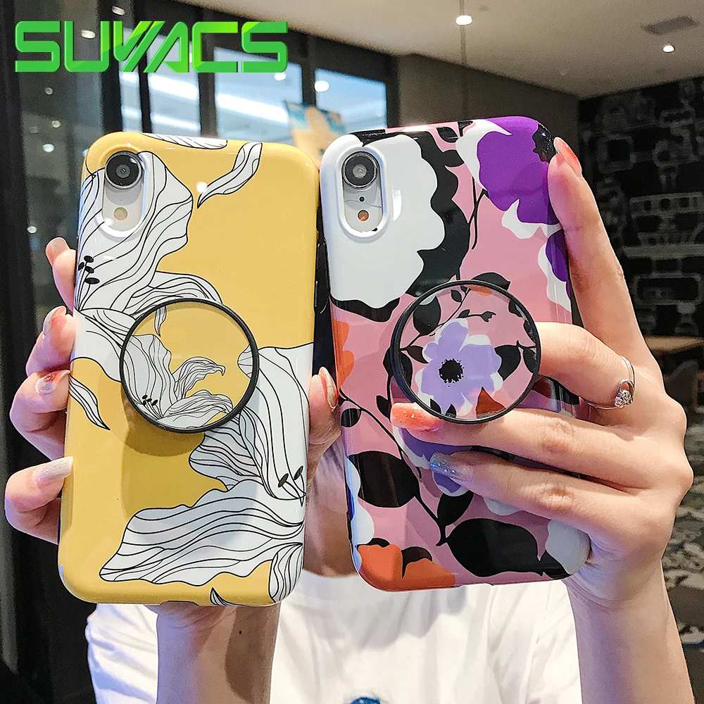 

SUYACS Retro Flowers Case For iPhone XR XS XS Max X 8 7 Plus 6 6S Plus Flexible Fold Kickstand Holder Soft IMD Phone Back Cover