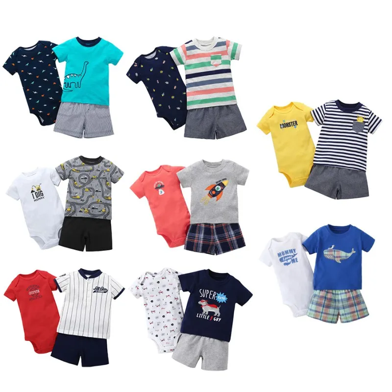 3 PCS Baby Boy Clothes Set Cartoon Striped Car Dinosaur T-shirt + Shorts Rompers Newborn |
