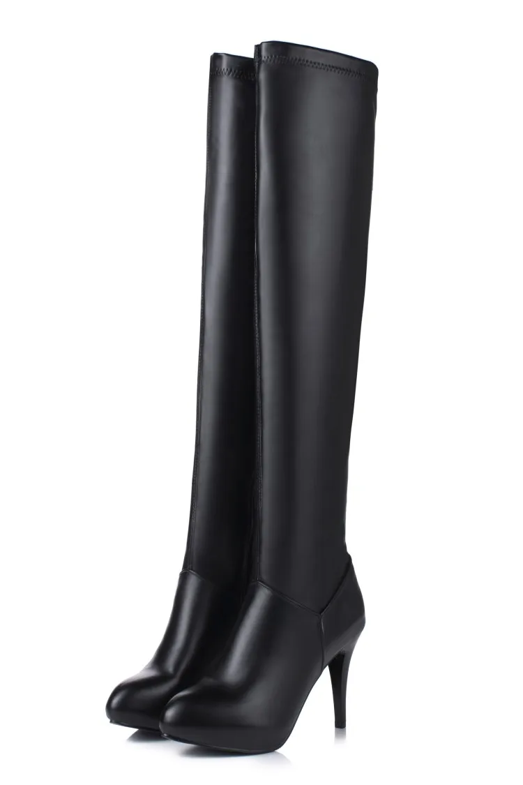 Большие размеры 34-45, г. Новые зимние сапоги на высоком каблуке элегантная пикантная женская обувь для отдыха кожаные сапоги на тонком каблуке с круглым носком, T601 - Цвет: Черный