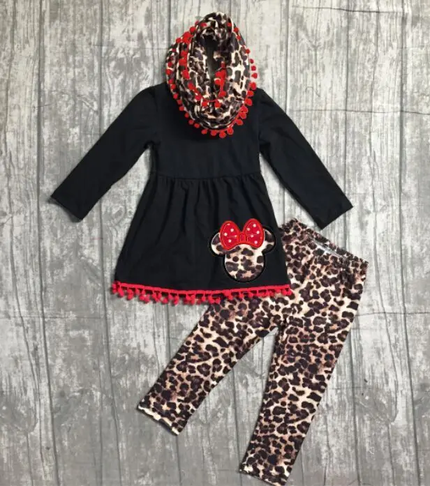 

new FALL/Winter baby girls outfits 3 pieces scarf black leopard top mouse pom pom milk silk pant boutique children clothes kids
