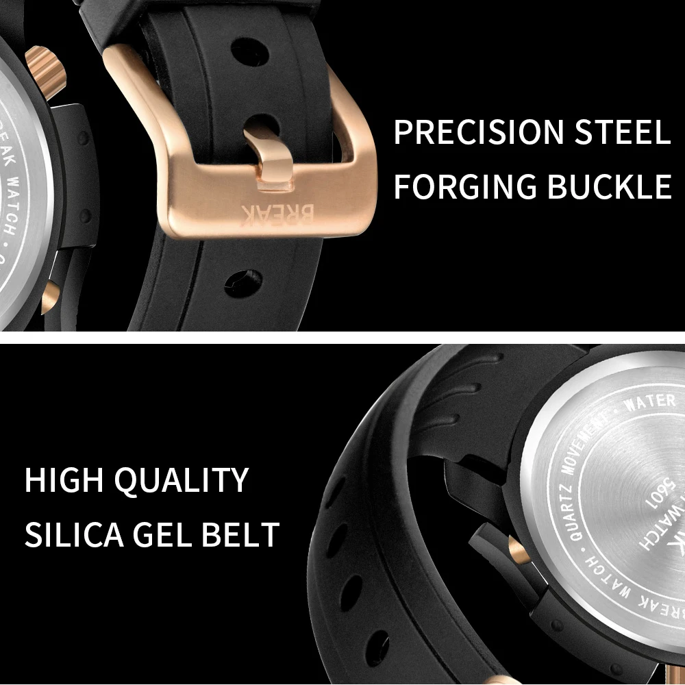 BREAK Men Luxury Brand Man Sports Watch Quartz Military Wristwatch Black Silicone Multifunction Chr
