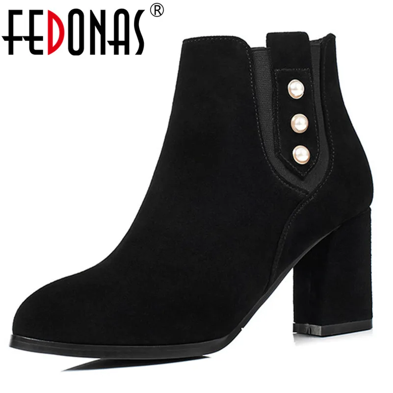 

FEDONAS High Quality Women Ankle Boots Cow Suede High Heels Beading Party Weddding Shoes Woman Short Martin Boots Platforms Shoe
