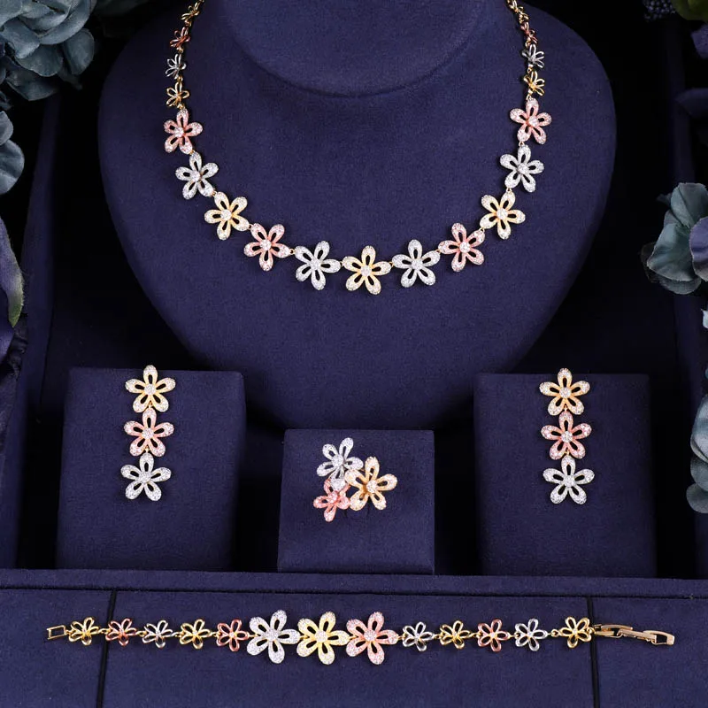 

janeklly trendy Wedding Necklace Earrings For Women Accessories Flower Cubic Zirconia Bridal Jewelry Sets pendientes mujer moda