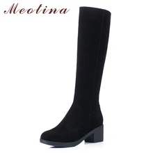 Meotina/женские сапоги до колена; зимние высокие сапоги из коровьей замши на высоком квадратном каблуке; высокие ботинки из натуральной кожи на молнии; женская обувь; размеры 34-39