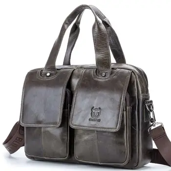 

Men Genuine Leather Cowhide Tote Bag Multifuncitonal Briefcase Retro Document Bag with Front Flap Pockets