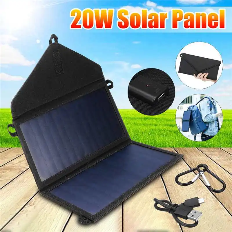 

Folding 20W Solar Panels Solar Cells Charger 5V 2A USB Output Devices Sun Power for Smartphones IP65+2X Carabiner