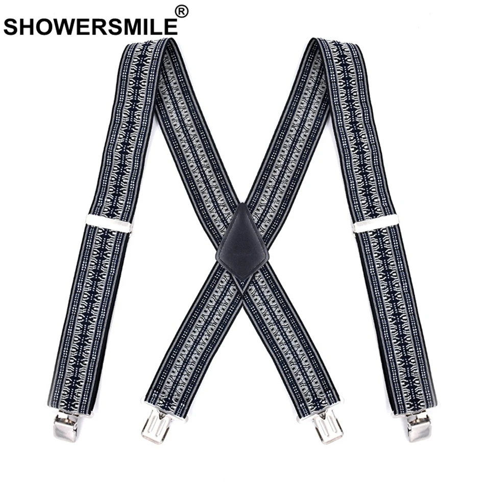 SHOWERSMILE винтажные подтяжки шириной 5 см 4 зажимы X подтяжки для брюк эластичные серые геометрические мужские рубашки подтяжки 120 см