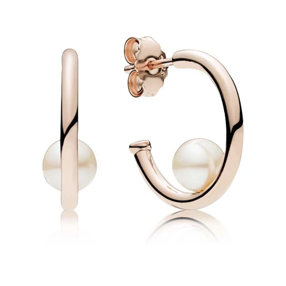 

New 100% 925 Sterling Silver Earring Contemporary Pearls Hoop Earrings Rose & Freshwater Cultured Pearl Original Jewelry Gift