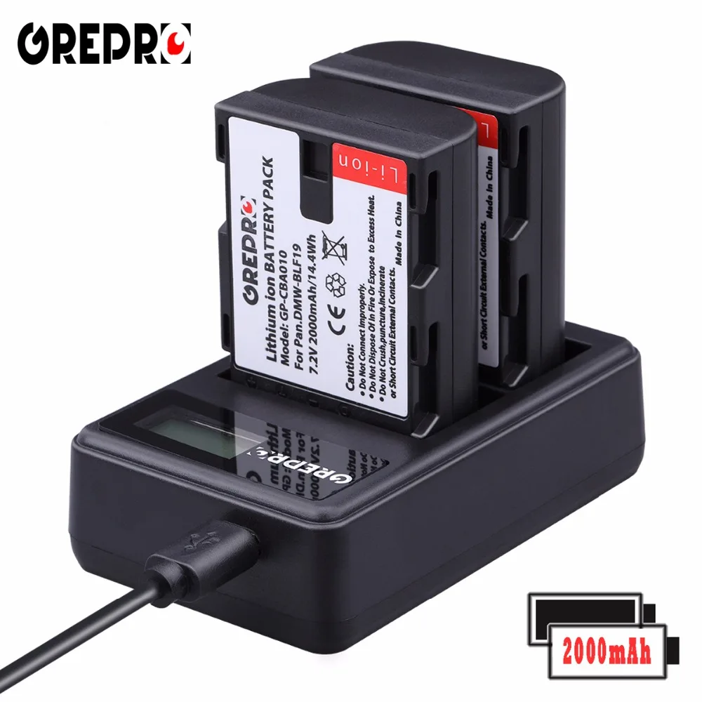 

GREPRO 2pcs 2000mAh DMW-BLF19 BLF19 BLF19E BLF19e DMW-BLF19PP Camera Battery+LCD USB Charger for Panasonic Lumix GH3 GH4 GH5 G9