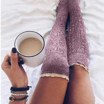 

Warm Winter Womens Stocking Knitted Crochet Lace Trim Cotton Over The Knee Socks Girls Boot Cuff Knee-Socking Thigh Hosiery Sock