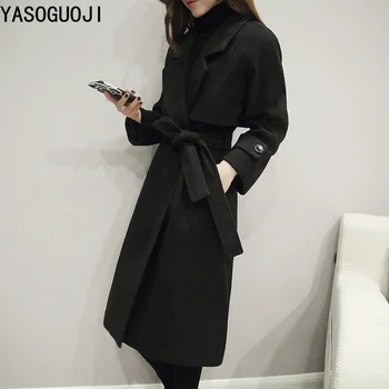 

YASUGUOJI 2018 new Winter office lady Long woollen Coat Women Slim Fit Adjustable Waist Belt Patch Designs womens coats L023