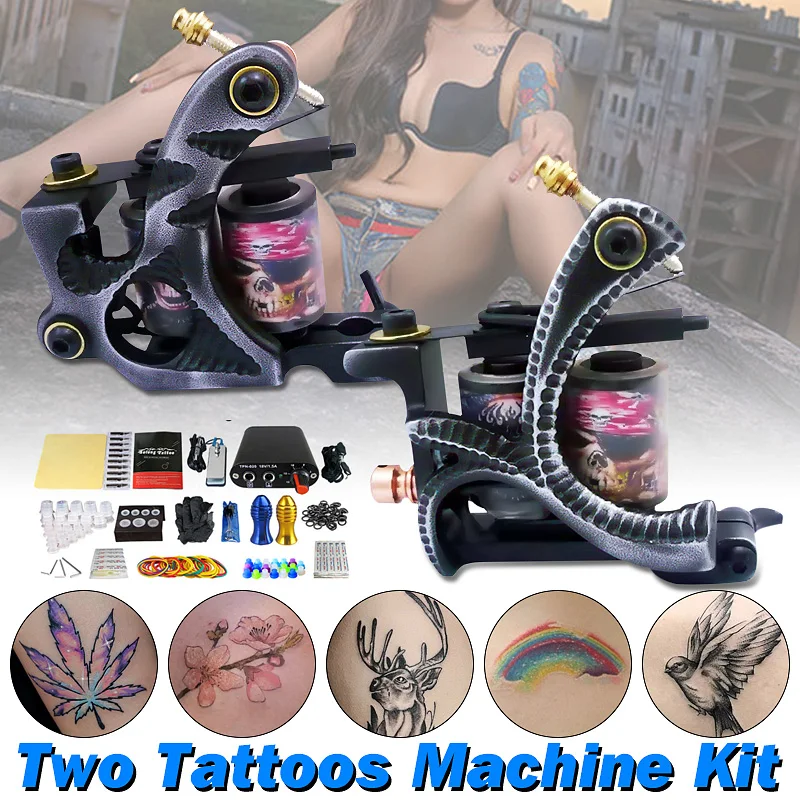 

Professional Coil Tattoo Kits with Accessories Completed Tattoo Power Supply Ink Kits Two Machines for Artist Tattoo Kit Set